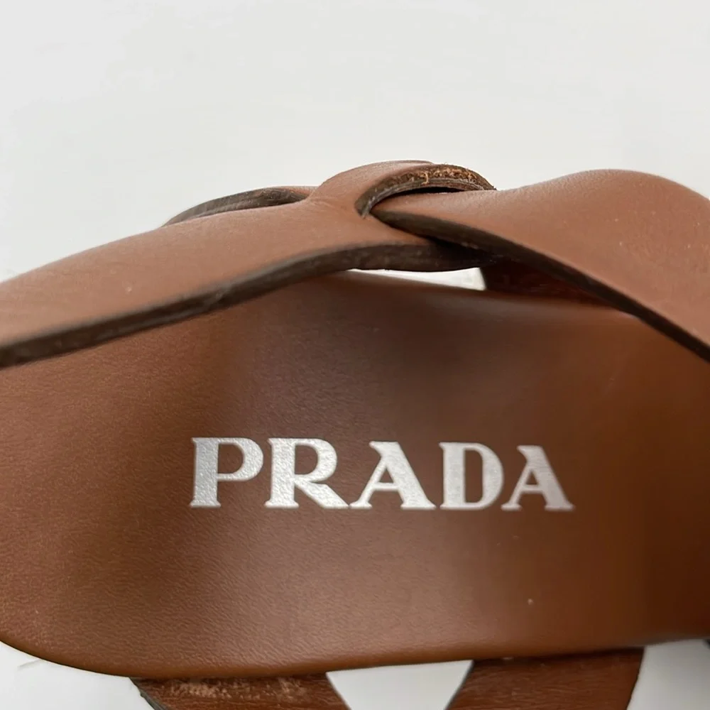 Prada Rony Brown Leather Espadrilles Platform Jute & Rubber‎ Wedge Heel - 37